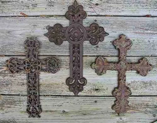 Cast Iron Crosses-Set Of 3 Dark With Verde Accents 1 Cast Iron Crosses-Set Of 3 Dark With Verde Accents